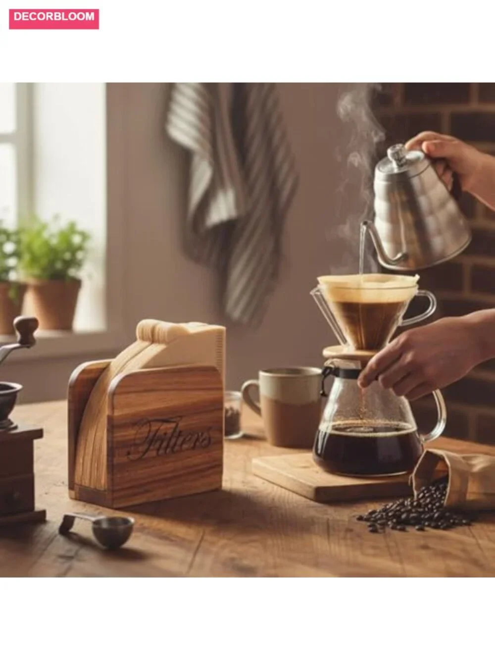 Wooden Coffee Filter Holder with Stand, Farmhouse Kitchen Counter Organizer,